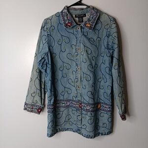 Y2K Denim & Co. Denim Jacket S Blue Floral Vine Embroidered Boho Hippie Distress